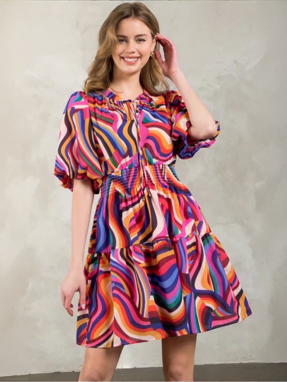 THML Retro Swirl Smocked Puff Sleeve Tiered Mini Dress | Multicolor | XS